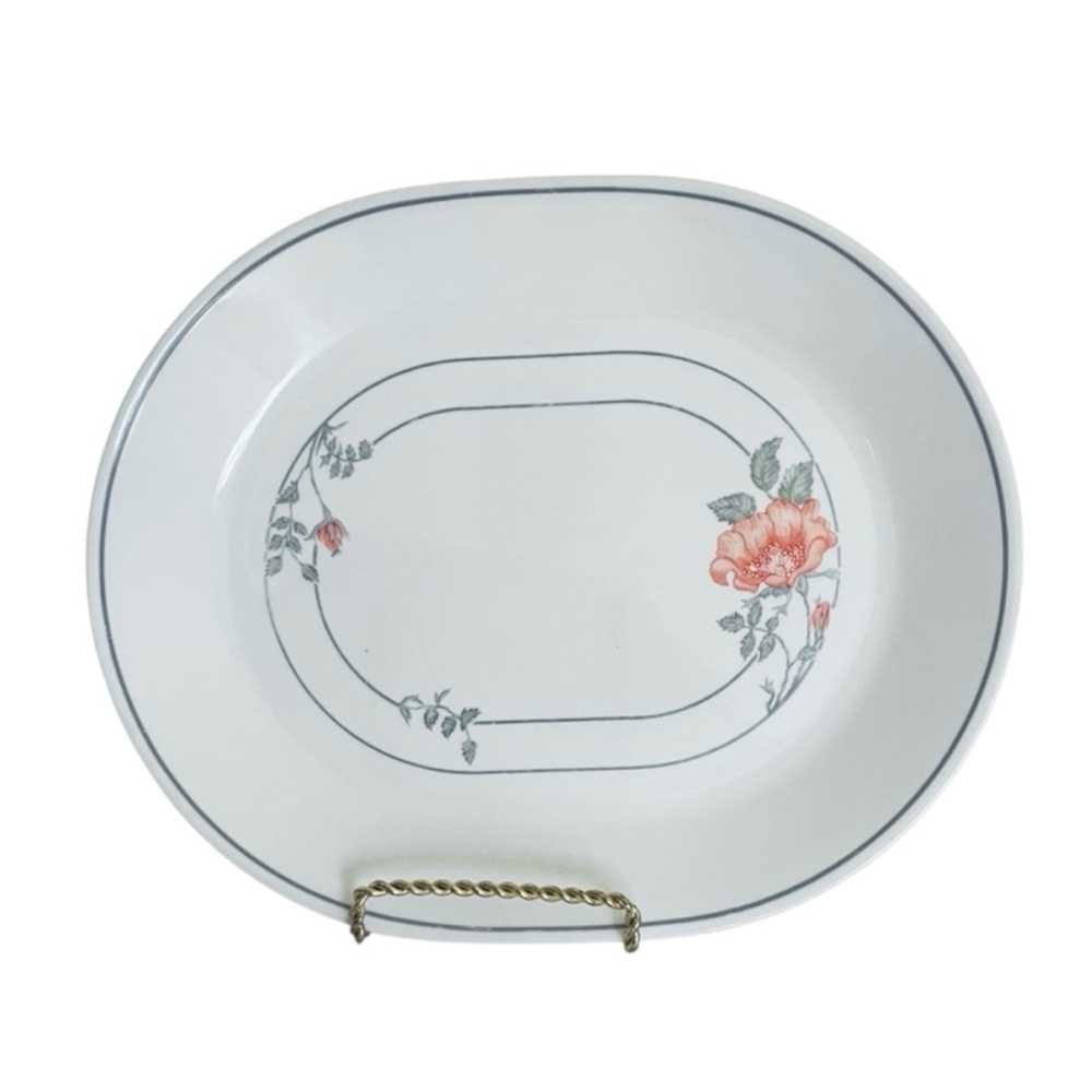 Corelle Vintage White Oval Serving Platter with Pink Peach Rose and Gray Band